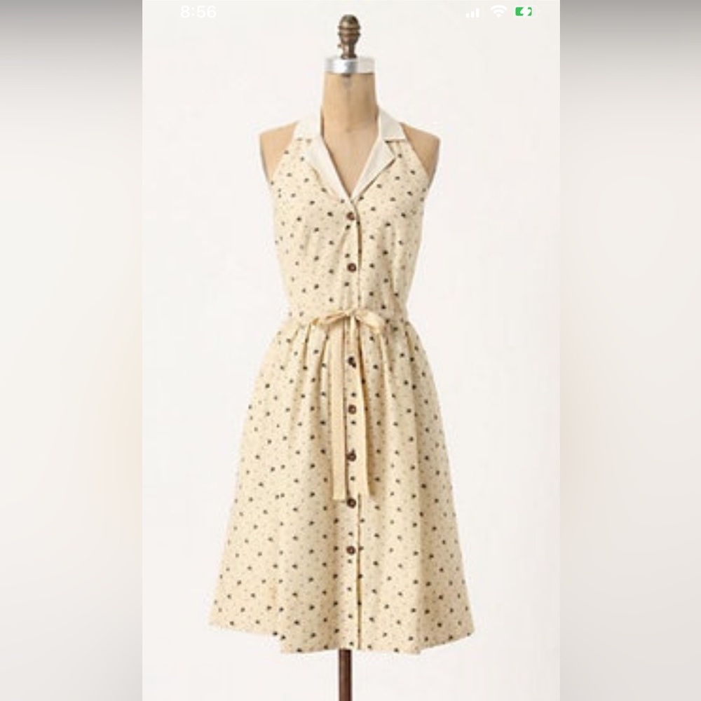 Anthropologie Cream Polka-Dot Midi Dress with Tie Waist